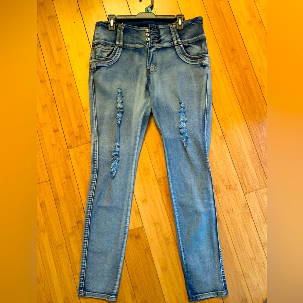 Deep Blue Distressed Jeans; size 17